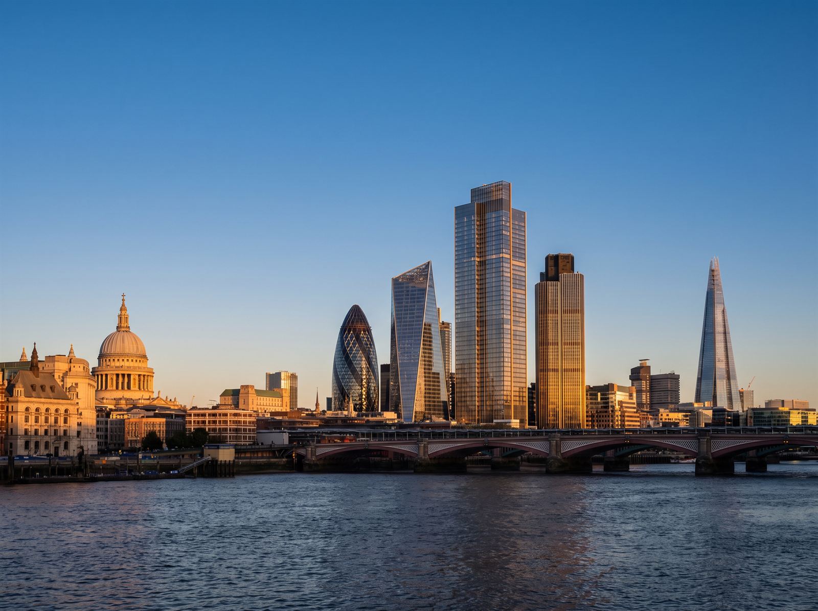 The City of London skyline across the River Thames at golden hour